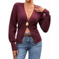 thumbnail image 3 of Women Knitted Cardigan Long Sleeve V-Neck Sweater One Leaf Button Down Outwear Wine Red L, 3 of 9