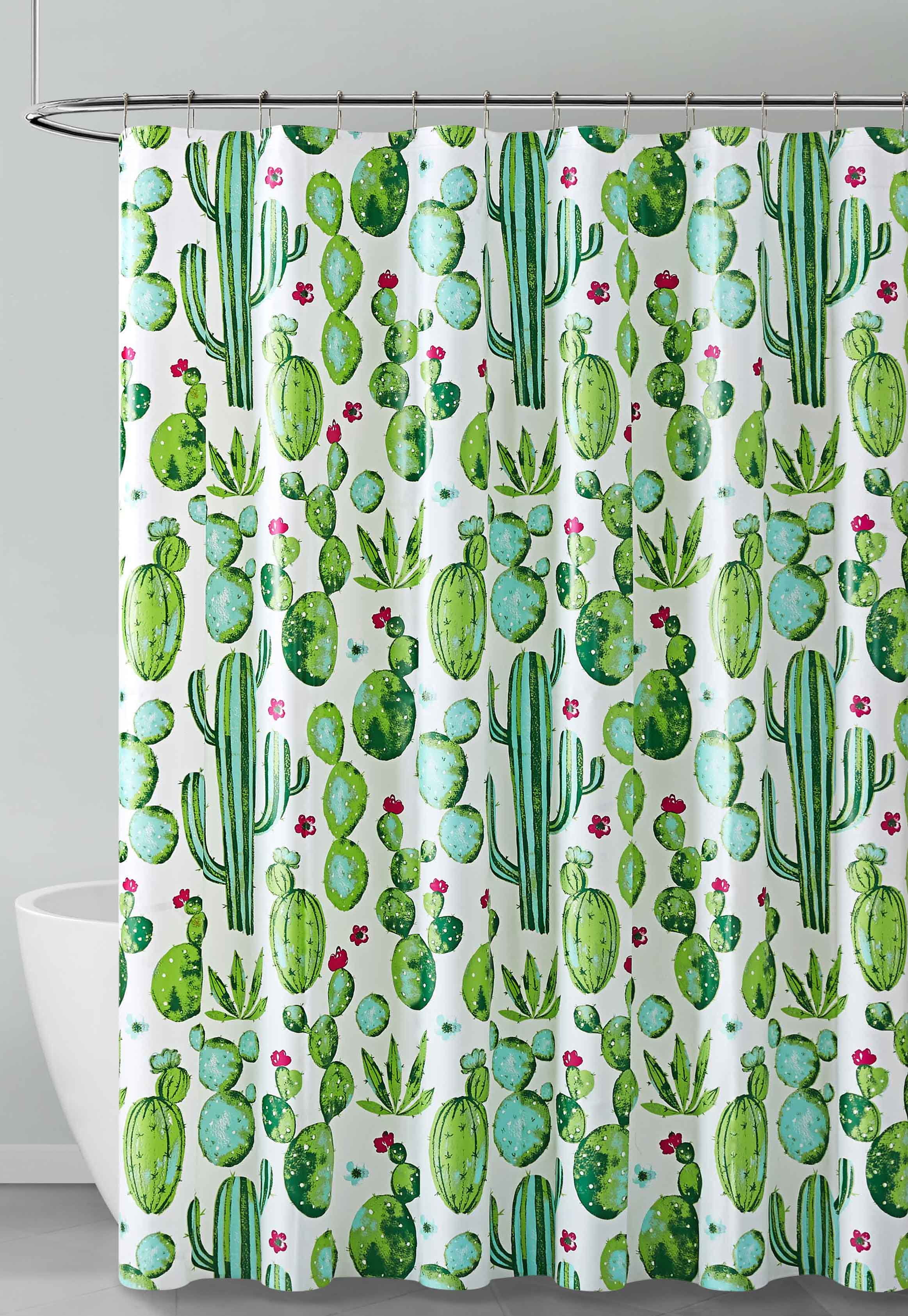 Green Blue Red and White Cactus Design PEVA Shower Curtain Liner