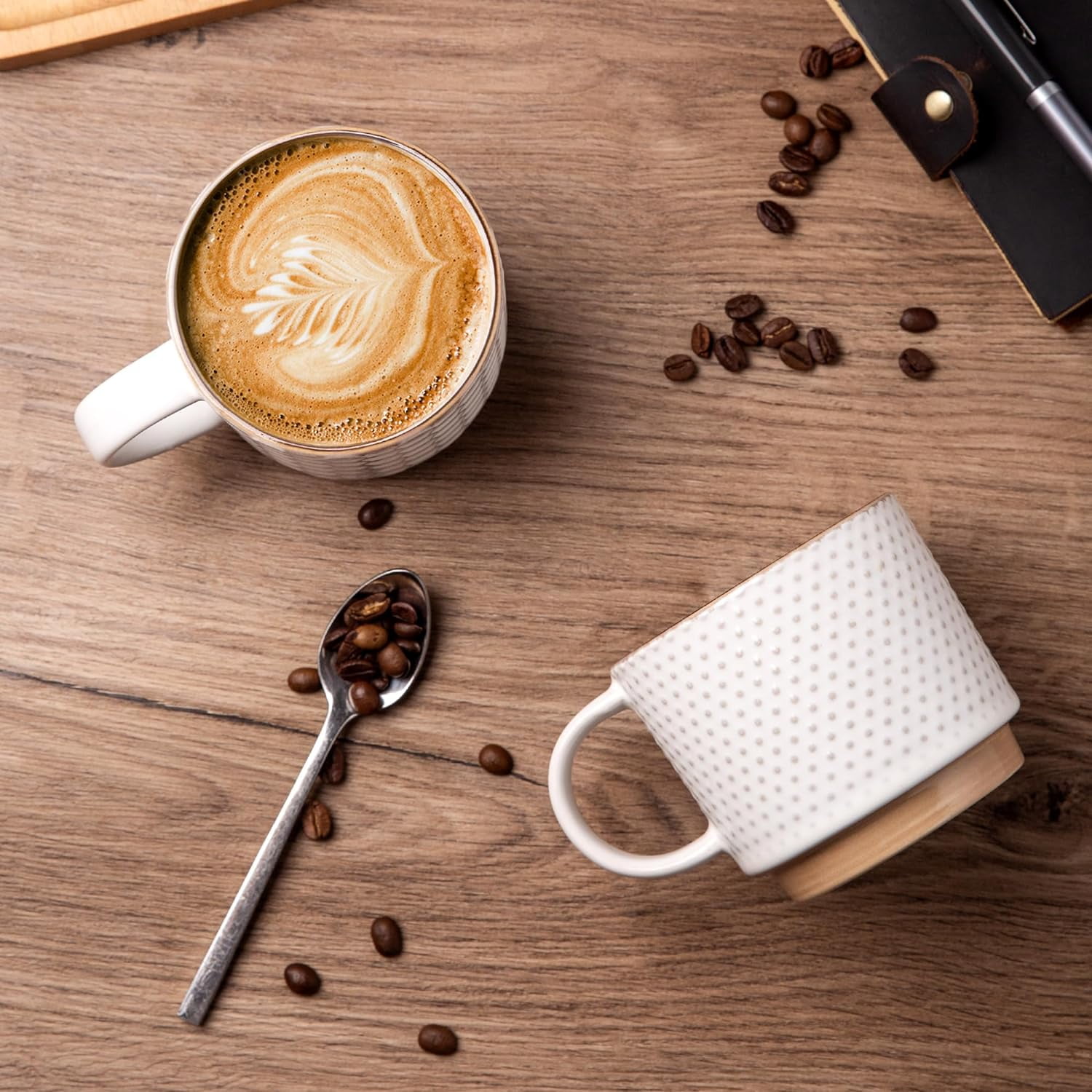 AmorArc 12OZ Stackable Ceramic Coffee Mugs with Texture Patterns, Modern Mug Set of 4 for Latte, Cappuccino and Cocoa, Dishwasher & Microwave Safe, off-white