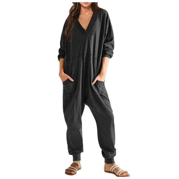 One Piece Jumpsuits for Women Casual Loose Jumpsuits Long Sleeve V Neck Oversized Casual Rompers