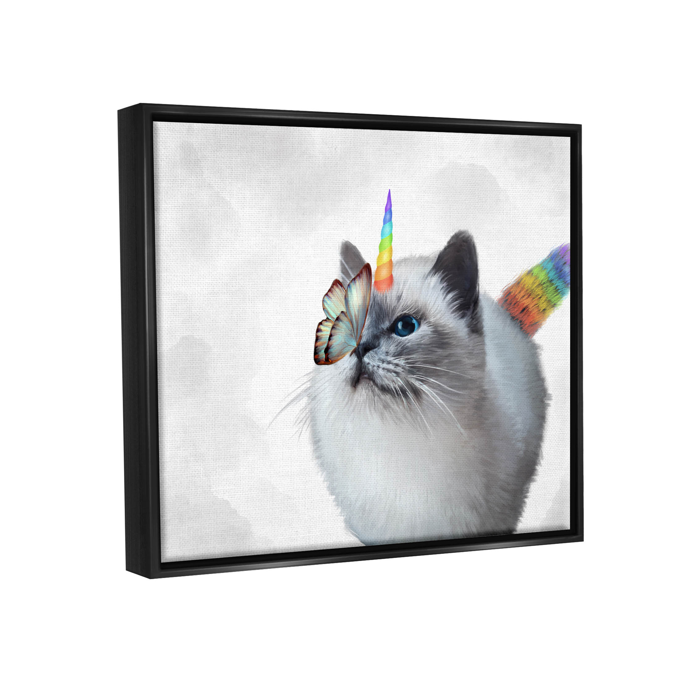Rainbow Unicorn Kitten Butterfly Animals & Insects Graphic Art Jet Black Framed Art Print Wall Art