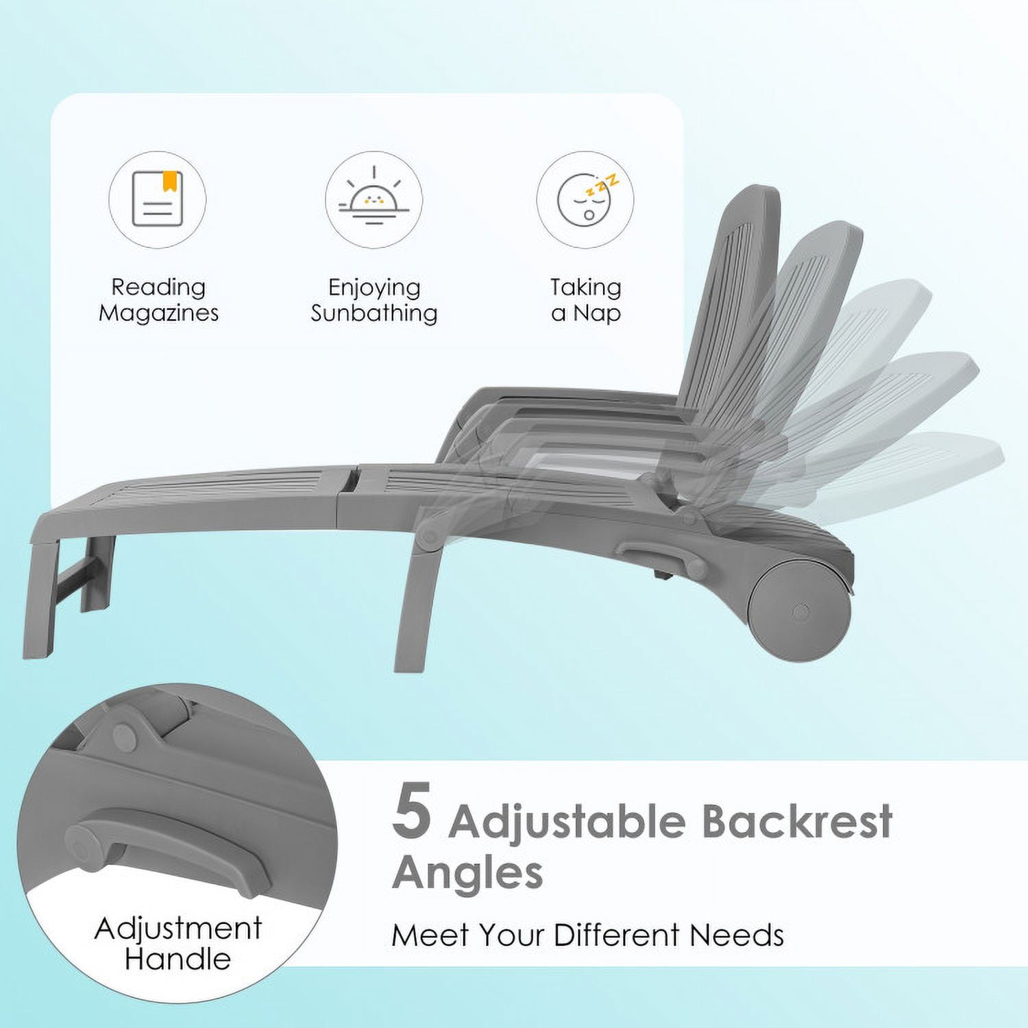 Aimee Lii Adjustable Patio Sun Lounger with Weather Resistant Wheels, Patio Loungers, Gray Aimee Lii Adjustable Patio Sun Lounger with Weather Resistant Wheels, Patio Loungers, Gray