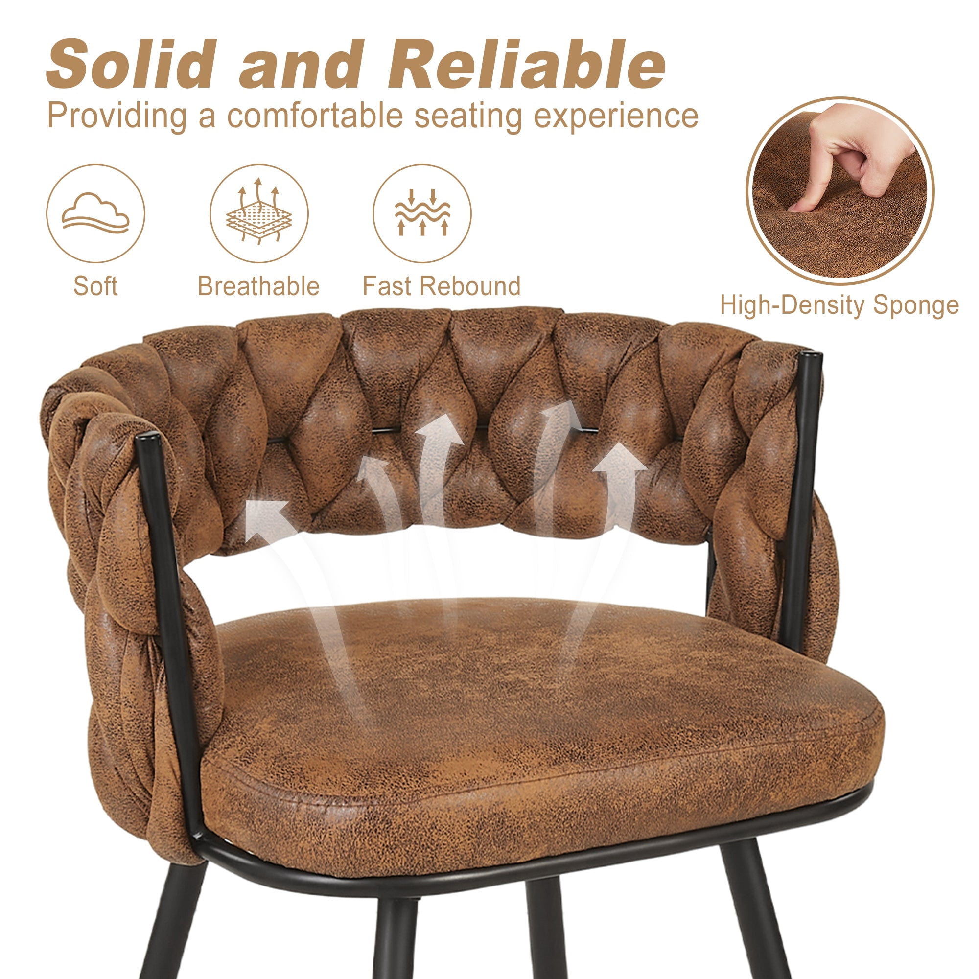 VECELO Modern Braided Bar Stools Set of 4 – Suede Fabric Counter Height Stools with Woven Back Support & Footrest, Heavy-Duty Metal Frame Bar Chairs for Kitchen Island,Brown