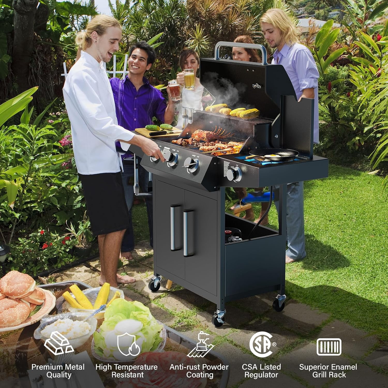 VINGLI 3 Burner Propane Gas Grill with Side Burner, 46,000BTU BBQ Grills with Enameled Cast Iron Grates, Shelf & Cabinet for Outdoor Garden Patio Backyard Barbecue Cooking
