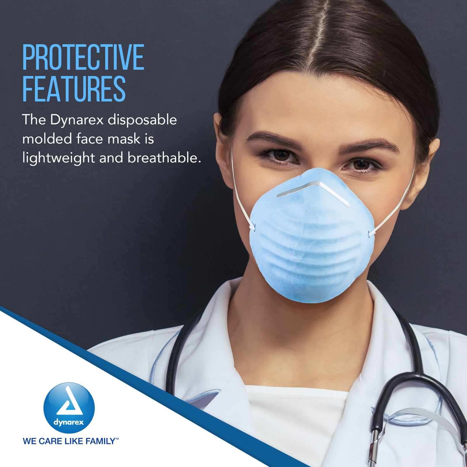 Dynarex Molded Face Mask, Fiberglass-free, Breathable, Soft Flared Edges, Fits Facial Contours, Covers Mouth and Nose, Adjustable, Blue, 1 Case of 1000 Face Masks