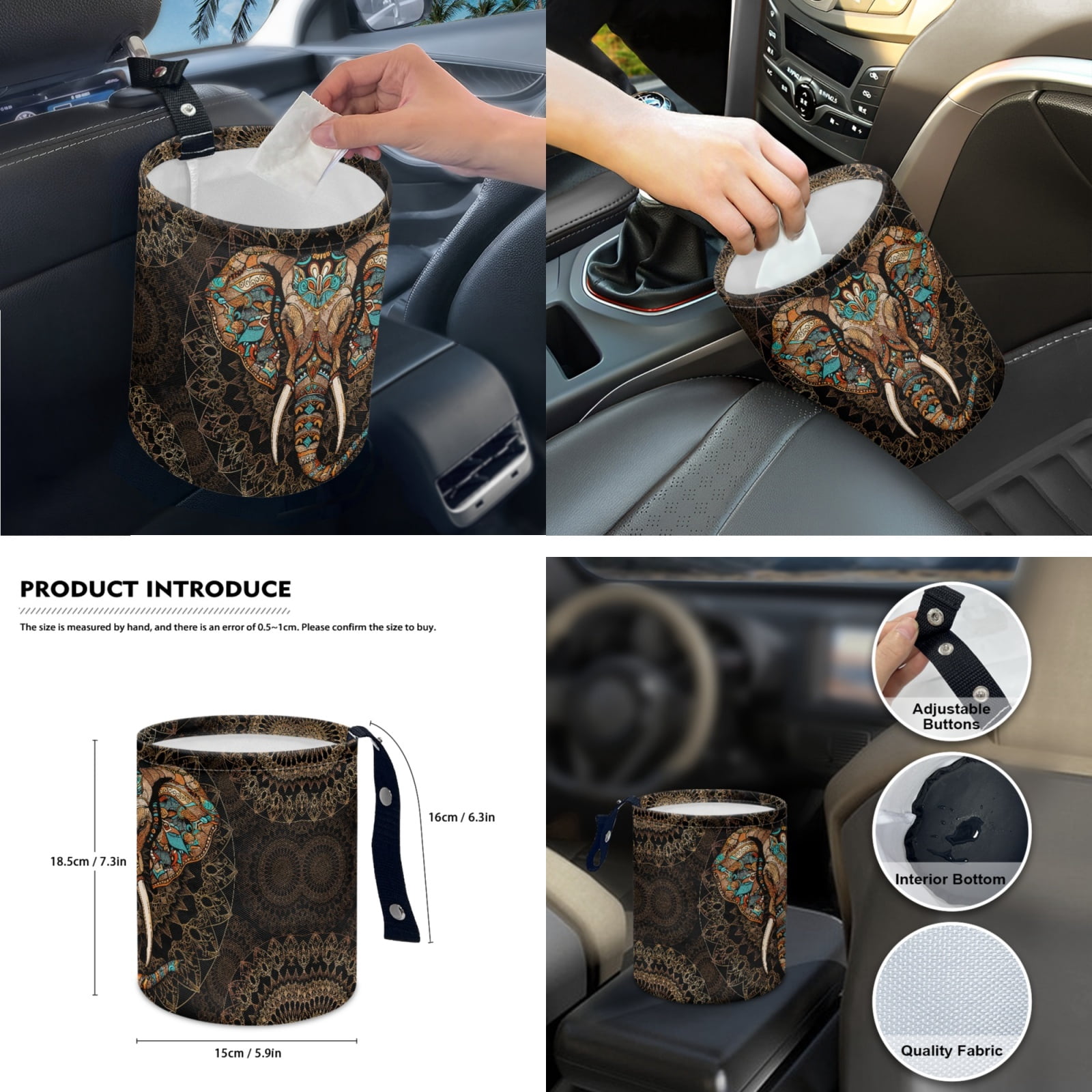 Yuyamidu 14 PCS Boho Car Seat Cover Elephant Steering Wheel Cover Seatbelt Strap Pad Trash Can Auto Armrest Cover Cushion Cup Coasters Rearview Mirror Cover Handbrake Cover Set