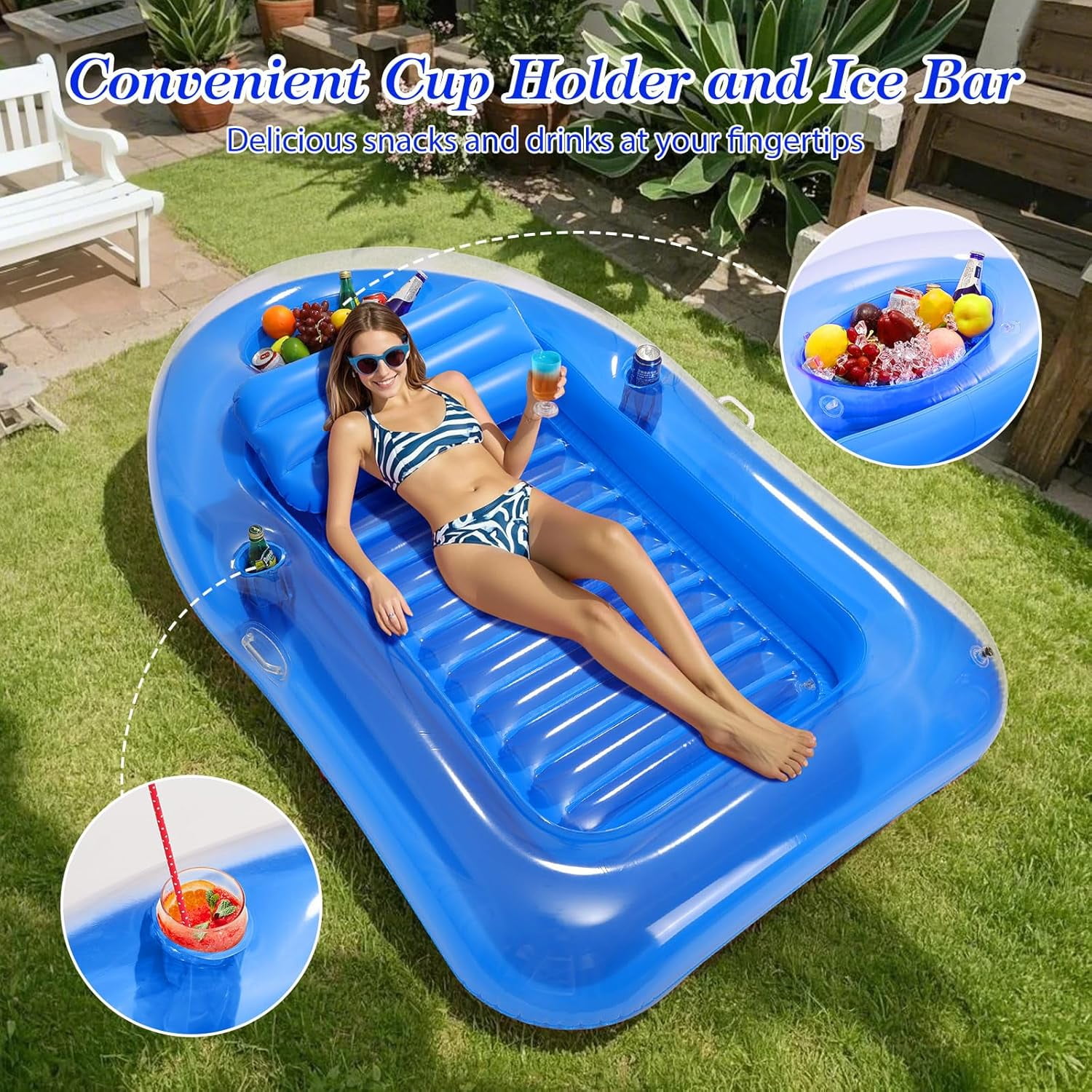 Pool Floats Adult, Large Floating Bed with Ice Bar, Tanning Bed Pool Raft Inflatable Lounger with Drink Holder Tanning Chair Inflatable Pool Toys for Party Beach Backyard