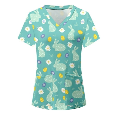 

TAIAOJING Women s Lovely Rabbits V-Neck Print Scrub Top