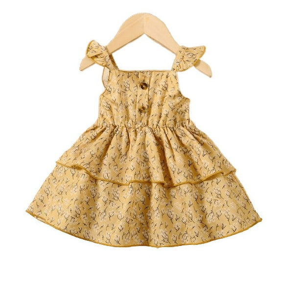 Mikrdoo Newborn Baby Girls Dress Off The Shoulder 6 Months Girls Floral Print 9 Months Girls For Summer One Piece Layered Dress Yellow