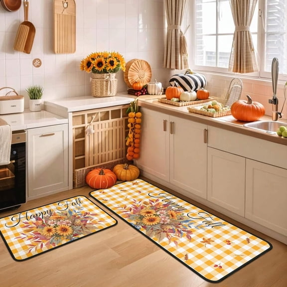 Happy Fall Sunflower Buffalo Plaid Kitchen Rugs Set of 2, Maple Leaves Thanksgiving Autumn Floor Kitchen Mat for Fall Home Holiday Party Decor 17"x47" 17"x30"
