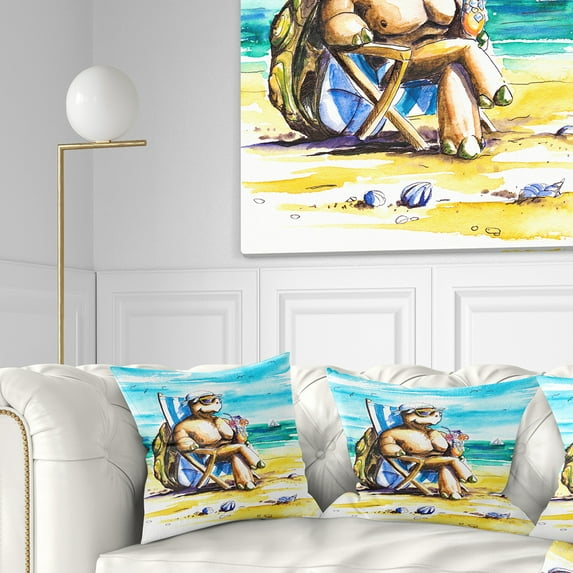 Designart Turtle Enjoying Holidays on Beach - Seashore Throw Pillow - 16x16