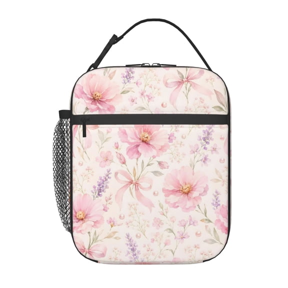 Pink Floral Bow Lunch Bag Reusable Thermal Lunch Box with Handle for Women and Men