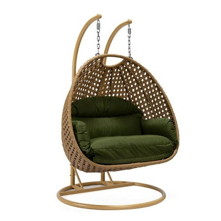 Pemberly Row Light Brown Wicker Patio Double Swing Chair in Dark Green