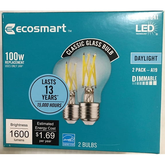 EcoSmart 100-Watt Equivalent A19 Dimmable LED Classic Filament Light Bulb Daylight (2-Pack)