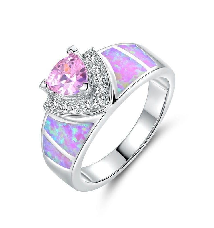 White Gold 925 Sterling Silver Oval Cut Pink Fire Opal w/ Baguette CZ Ring 