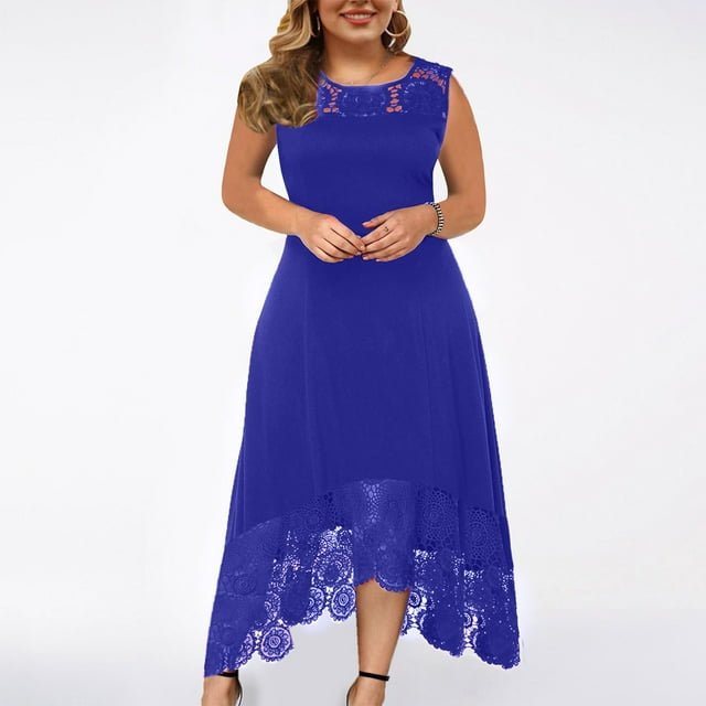 Fshaion Robe d'Été pour Femmes 2024 Grande Taille Décontractée Couleur Unie Col Rond Aguichant Dentelle Sans Manches Ample Robe Chandail Liquidation à Moins de 10!