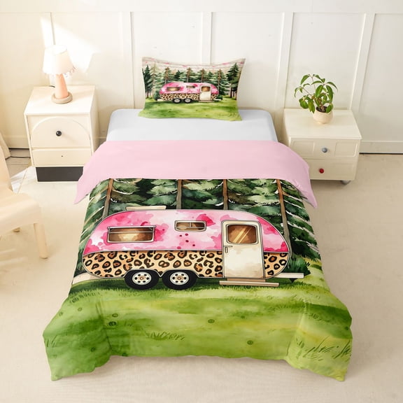 Castle Fairy Leopard Print Camper Twin Bedding for Kids, Forest Art Duvet Cover Set for Bedroom, Pink Green,Pink Reversible,2pcs,No Comforter