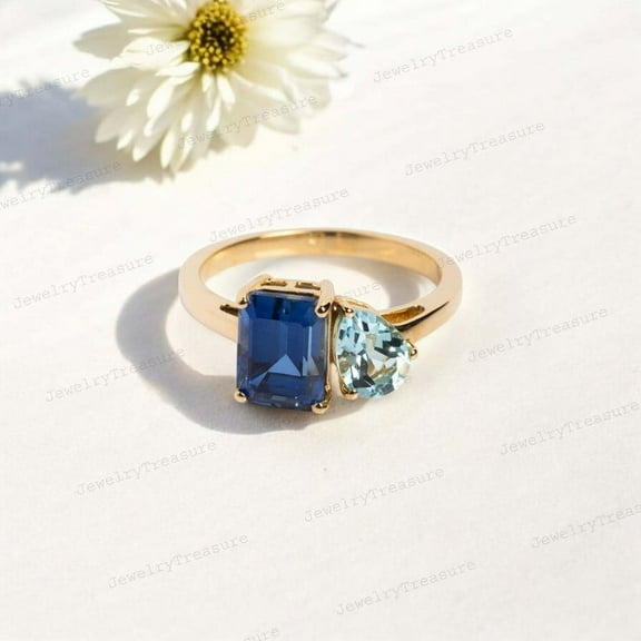 JEWELRYTREASURE 8X6 MM Lab Grown Tanzanite Ring / Toi Et Moi Bridal Ring / March Birthstone Statement Jewelry / 925 Sterling Silver Gift