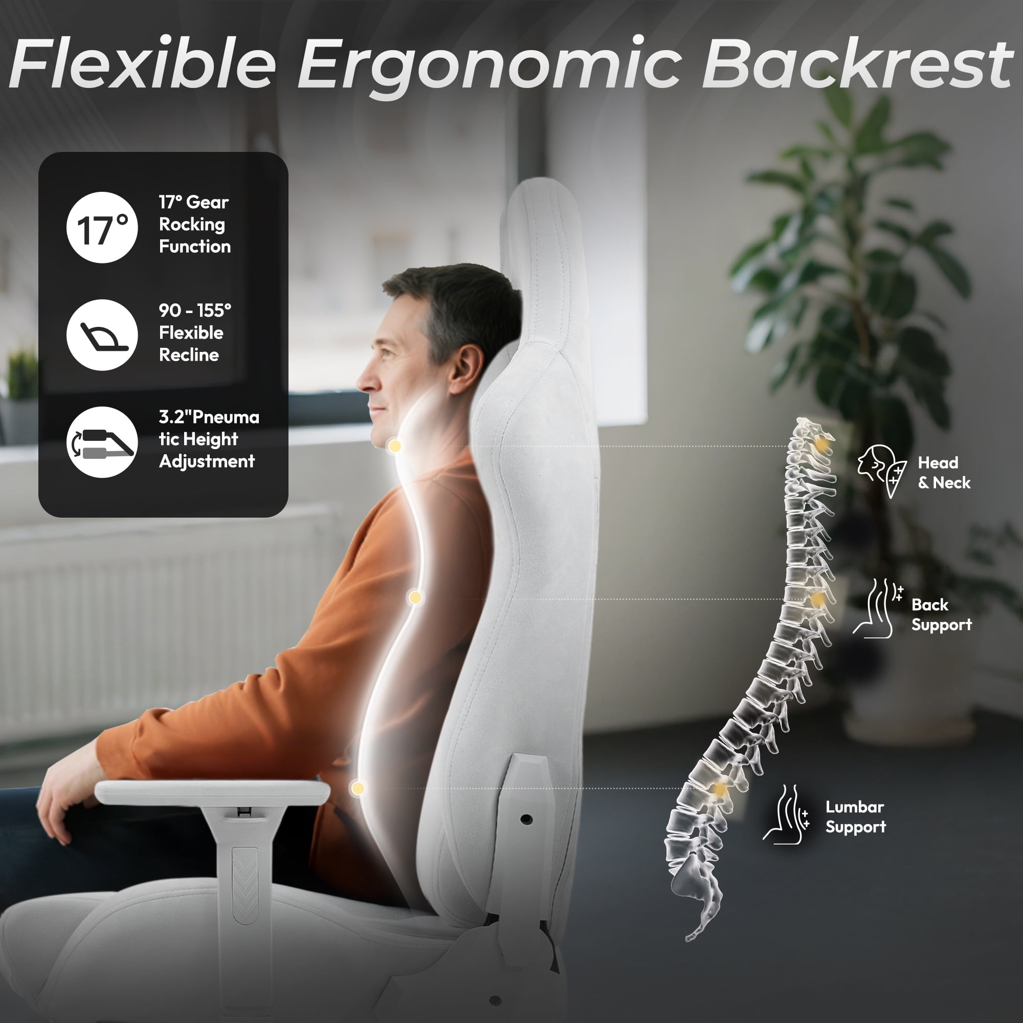 GOOSEA Breathable Suede Fabric Gaming Chair, Big and Tall Ergonomic Game Chair with Adjustable Massage Lumbar Support,3D Armrests,Retractable Footrest and Smooth PU Wheels, White
