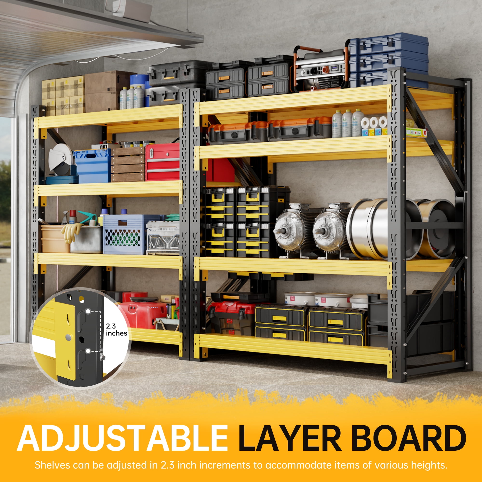Welfiya 59"Wide Garage Shelving Unit,3500LBS Heavy Duty Storage Shelves,4-Tier Metal Industrial Shelving,Adjustable Standing Shelf for Warehouse,Basement,Workshop,59.1"W x 23.6"D x 78.7"H,Black&Yello