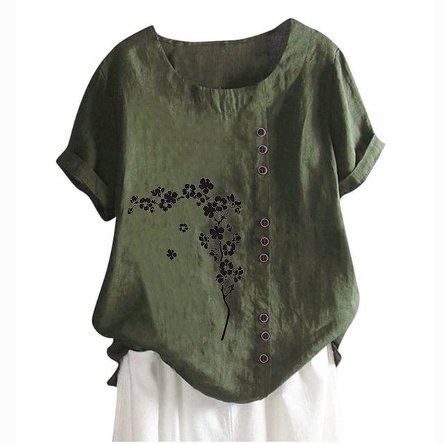 Blouses pour Femmes, T-Shirt d'Été à Col Rond Manches Courtes Mode Décontractée Imprimé Bouton