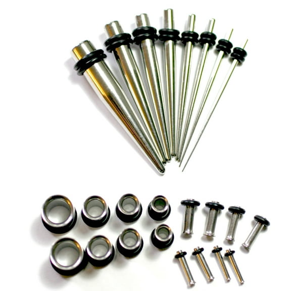 24 Piece 0g-14g Steel Ear Stretching Kit Tapers Plugs Tunnels Gauges