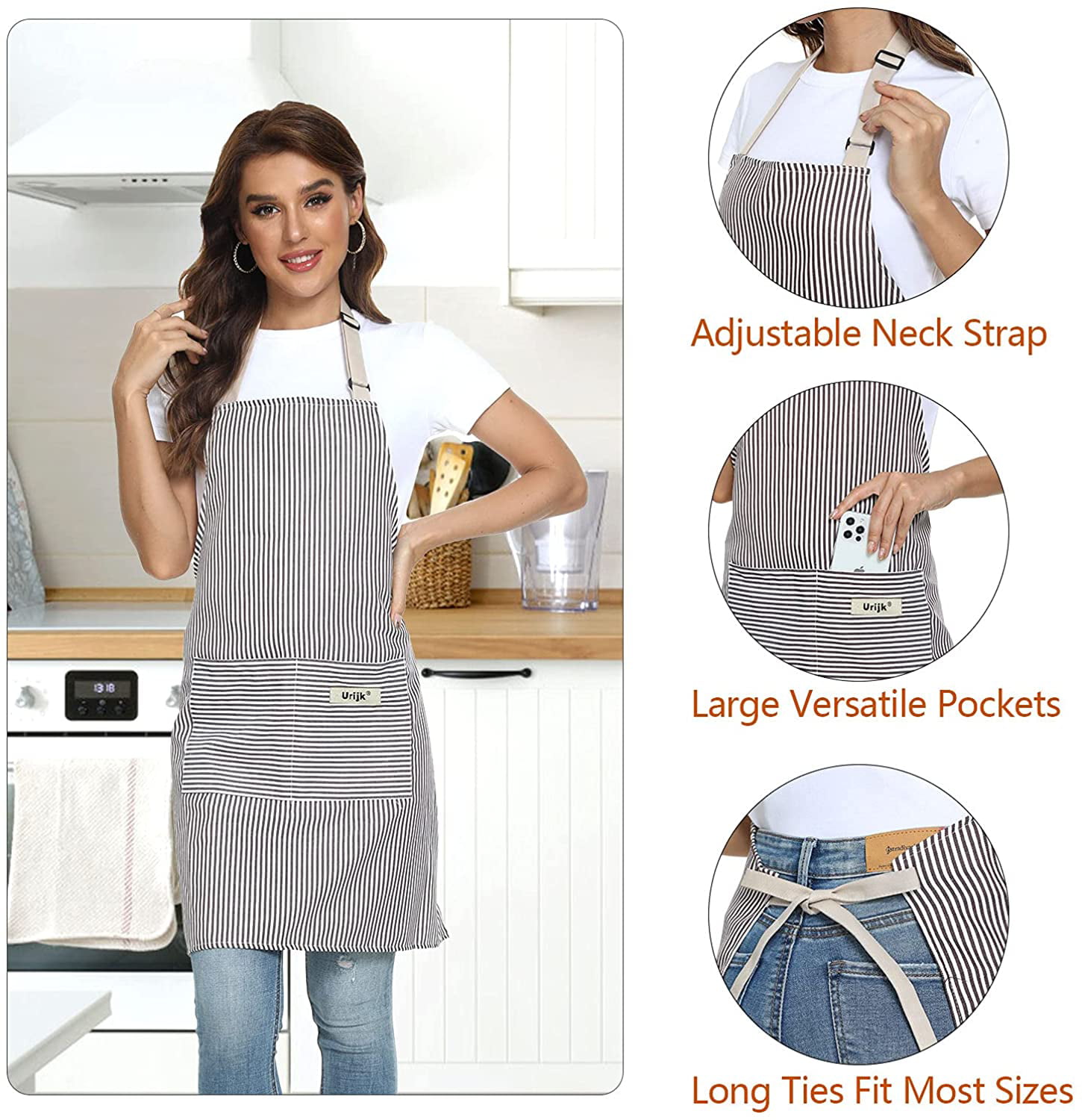 Urijk Apron for Women,2 Pack Cooking Kitchen Aprons,Adjustable Strap Long Tie Aprons with 2 Pockets for Men Women 
