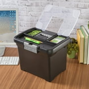 Sterilite Portable File Box, Letter-Size Plastic File Storage Box with Handle and Divided Lid Storage Compartment, Black