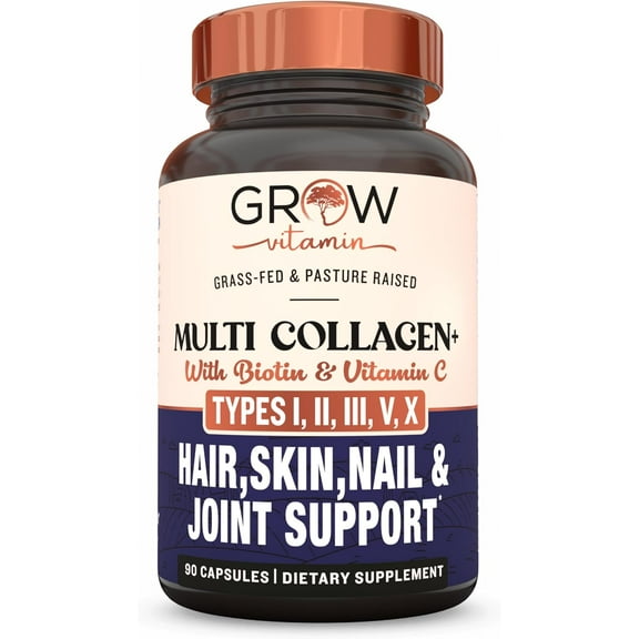 Multi Collagen Pills (Types I, II, III, V & X) 1800mg - 100% Natural - Non GMO, Grass Fed Collagen - Anti Aging Support for Hair, Skin, Nails - Protein Pills for Joint Support - 90 Capsules