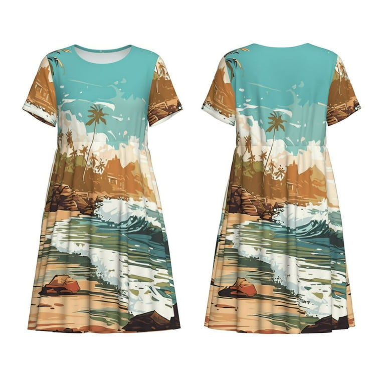 Defioc Coastal Palm Beach Pattern Womens Summer Dresses Short Sleeve  Sundress 2025 Beach Vacation Dresses with Pockets -XX-Large - Walmart.com