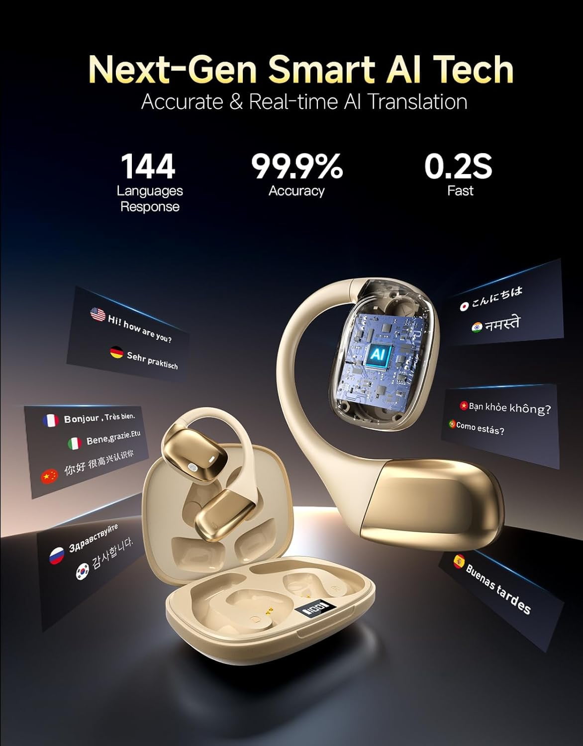 AI Translation Earbuds Real Time Interpretation, 144 Language Translator Device, No Subscription Wireless Bluetooth Headphones for Travel & Business