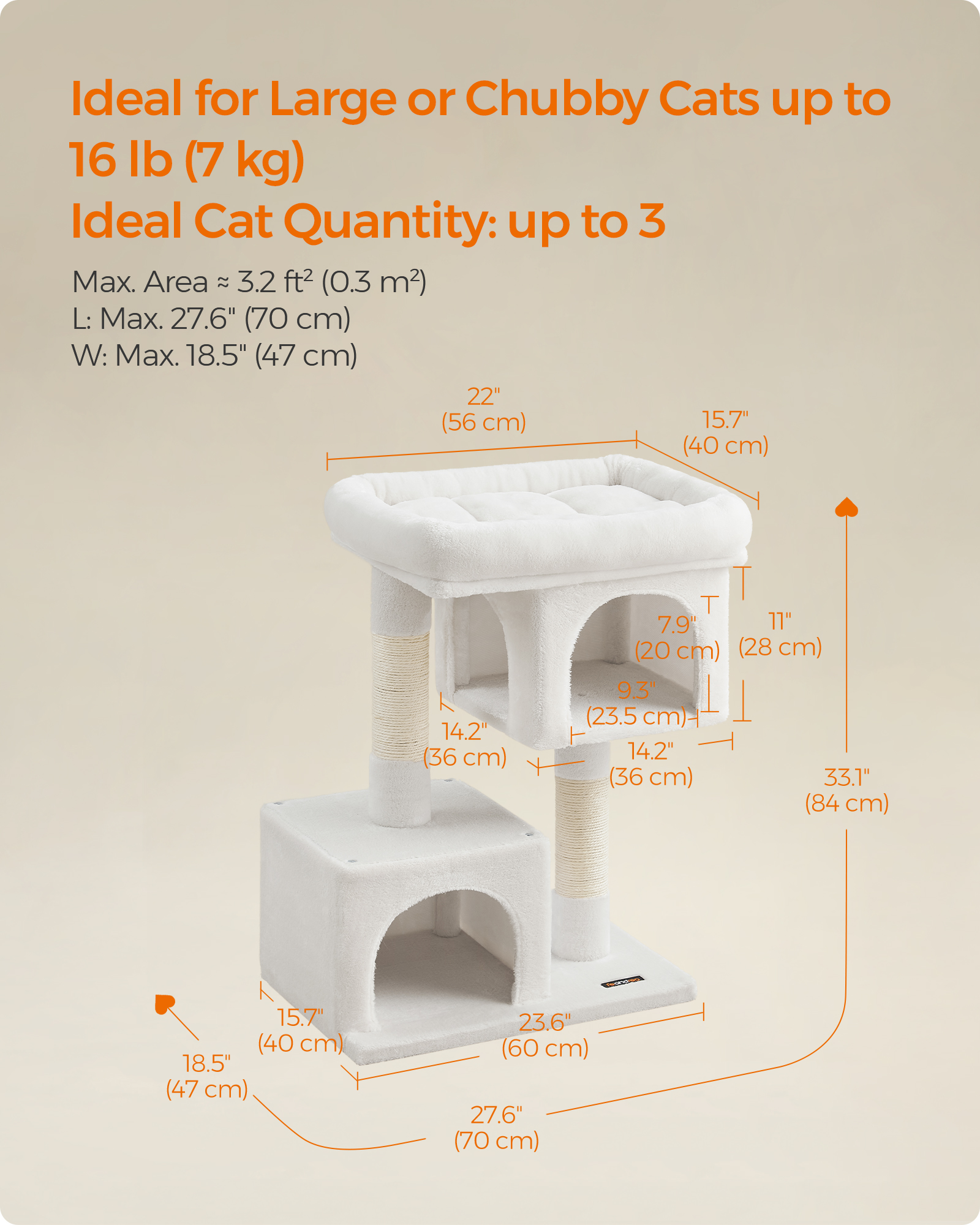 Cat Tree 33.1-Inch Cat Tower for Large Cats up to 16 lb, Large Perch, 2 Cat Caves, Scratching Post, Cream White