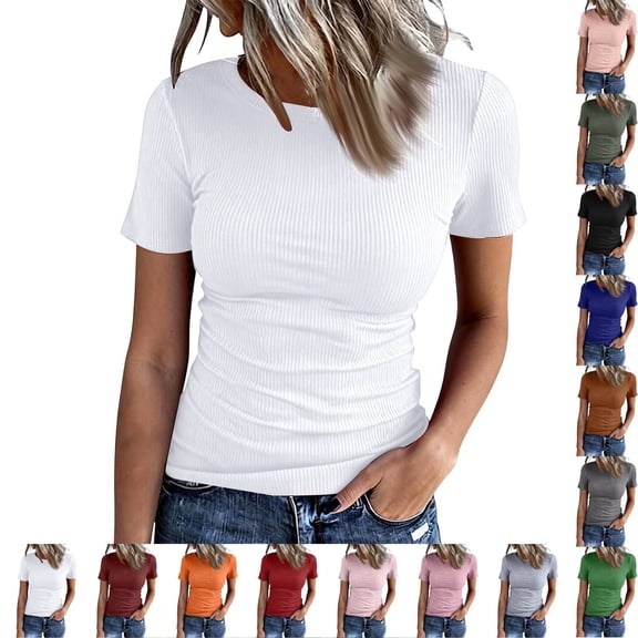 Womens Crewneck Short Sleeve Ribbed T-Shirt Slim Fit Tops Solid Basic Tee White 2XL