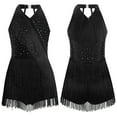 thumbnail image 5 of Moggemol Girls Sleeveless Latin Jazz Dance Dress Kids Sparkly Halter Tassel Fringed Leotard Dress Black 6, 5 of 6