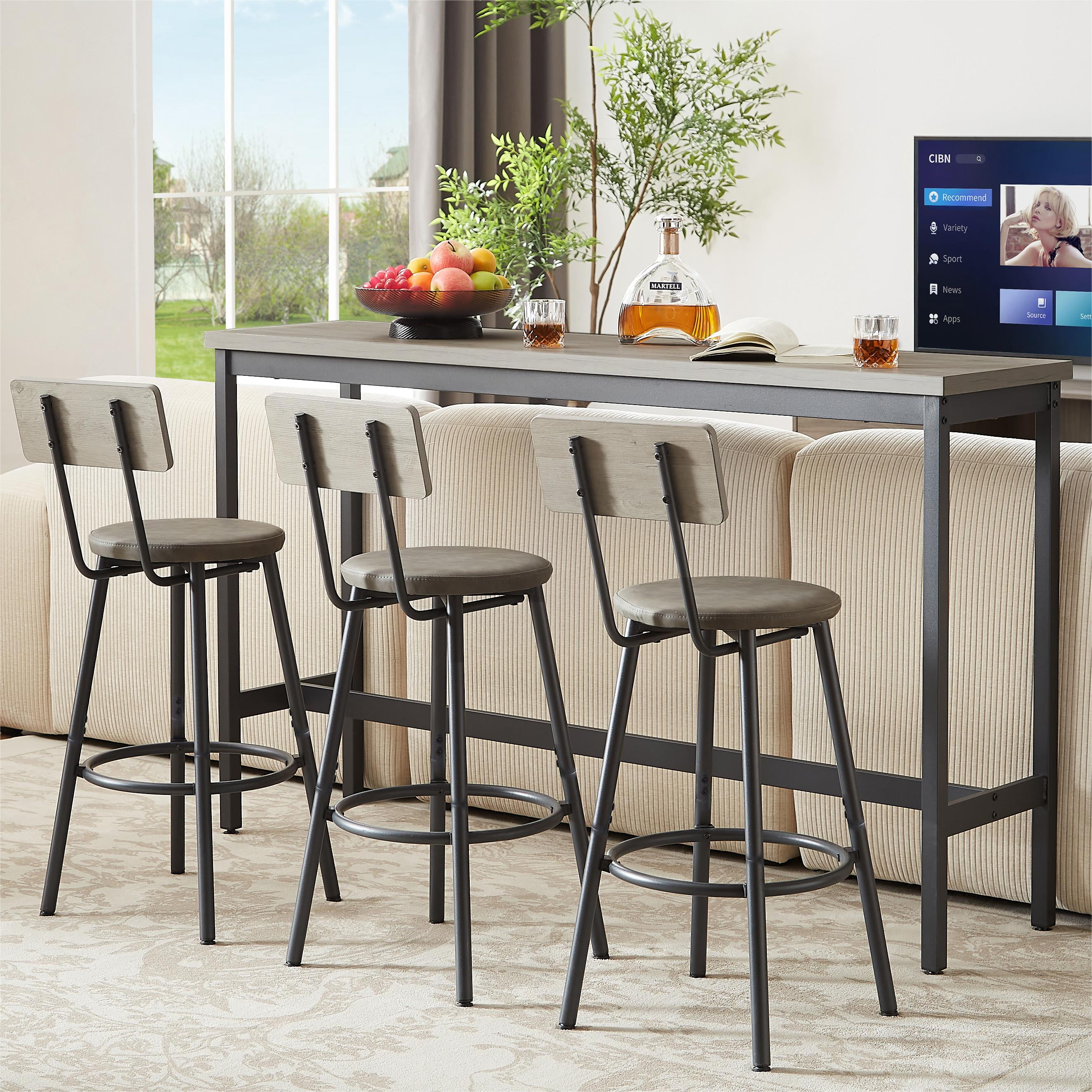 Long Bar Table Set with 3 PU Upholstered Stools, Industrial Bar Chairs for Kitchen Breakfast Table,Living Room,Banquet Hall, Rustic Gray, 63″L x15.7 W x 37.5" H