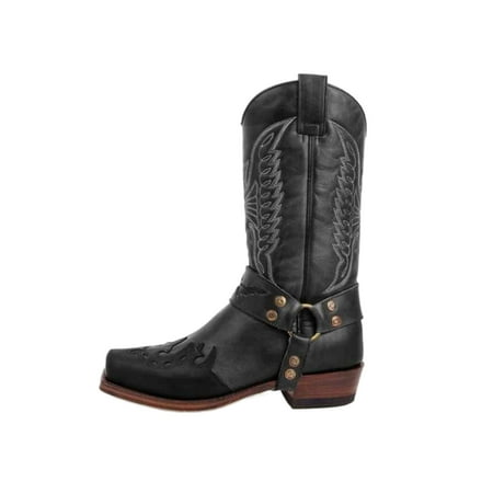 

Ymiytan Womens Retro Western Cowgirl Boots Outdoor Fashion Chunky Heel Vintage Embroidered Shoes Work Comfort Mid Calf Boot Black 7