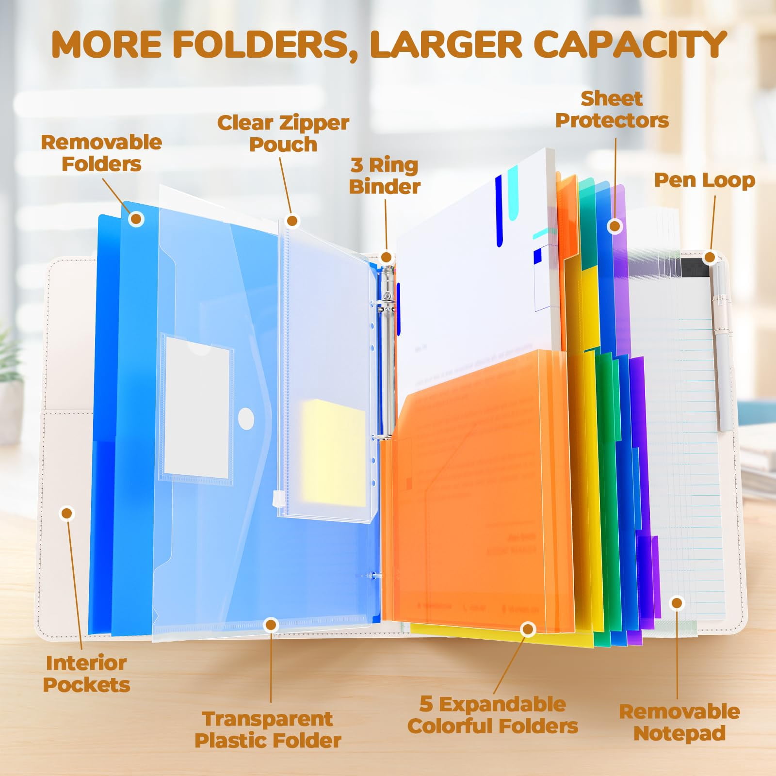3 Ring Binder Clipboard With Storage 12.4"x10.2" Magnetic Folder 5 Subject Folders Refillable Lined Notepad (11" X 8.5") Ideal For School Office Nursing(beige)