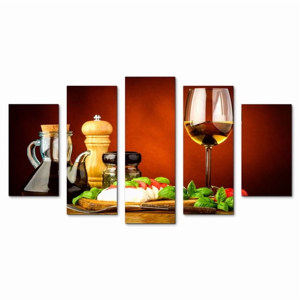 Juego de Cuadros Decorativos, Cocina Italiana y Ensalada Caprese, Estilo Mediterráneo, 5 Piezas, Ideal para Restaurante y Cocina, 150x80cm