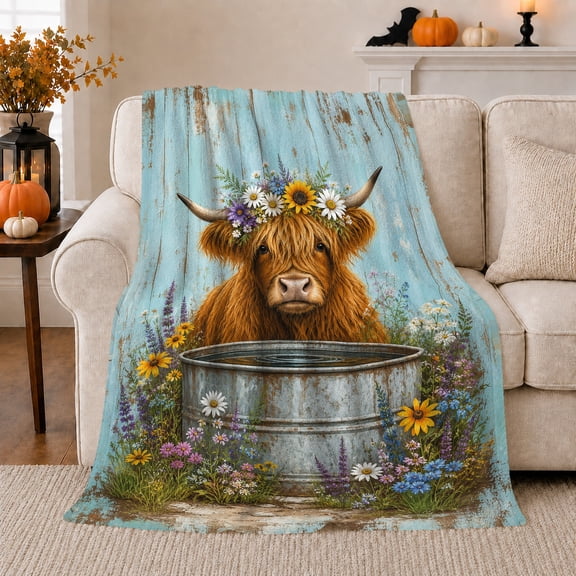Highland Cow Sunflower Crown Rustic Wooden Wall Scene, Rustic Botanical Portrait, Warm Flannel Blanket for Ranch House and Living Room, Animal Lovers Thank You Gift, Rustic Home Decor