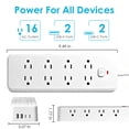thumbnail image 2 of RONY 16-Outlet Surge Protector Power Strip with 4 USB Ports, 6.5ft Extension Cord, White, 2 of 9