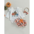 thumbnail image 2 of Wassery Baby Girls 3Pcs Halloween Outfits Infant Summer Clothes Pumpkin Printed Romper Top +Tutu Ruffle Shorts Skirt +Headband 0-18 Months, 2 of 9