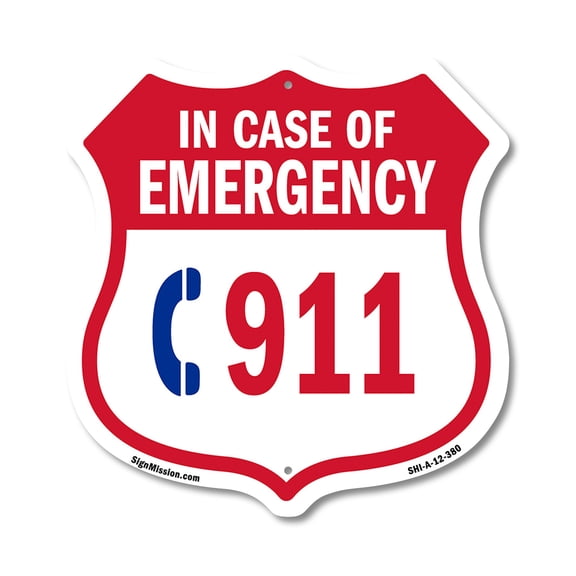 Emergency 911 Phone Shield Sign In Case Of Emergency Call 911 12 inch X 12 inch Shield-Shaped Rust-Free Aluminum Metal Sign Weather Resistant, UV Protected for Workplace Made in the USA