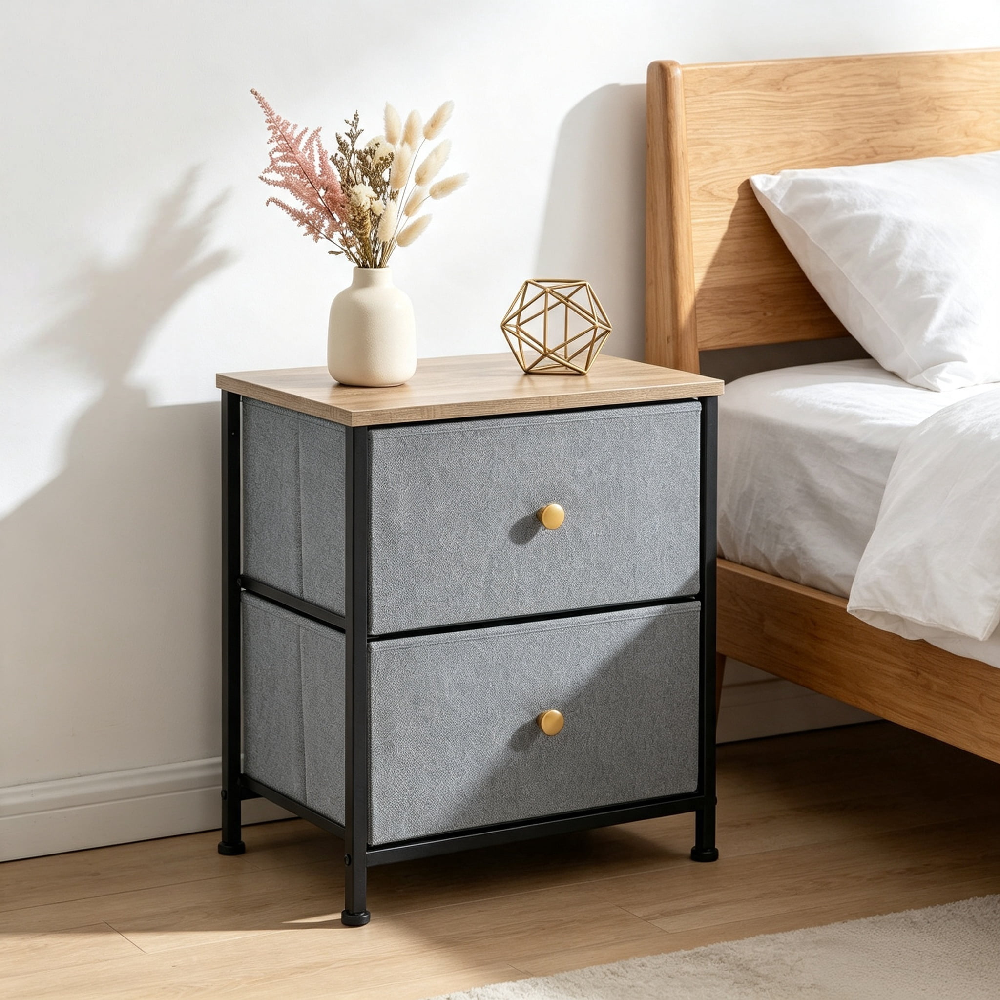 Double Drawer Bedside Table for Bedroom Living Room Storage
