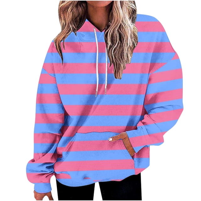 FAIWAD Womens Striped Drawstring Hoodies Casual Long Sleeve Color Block Pullover Tops Drop Shoulder Loose Sweatshirts