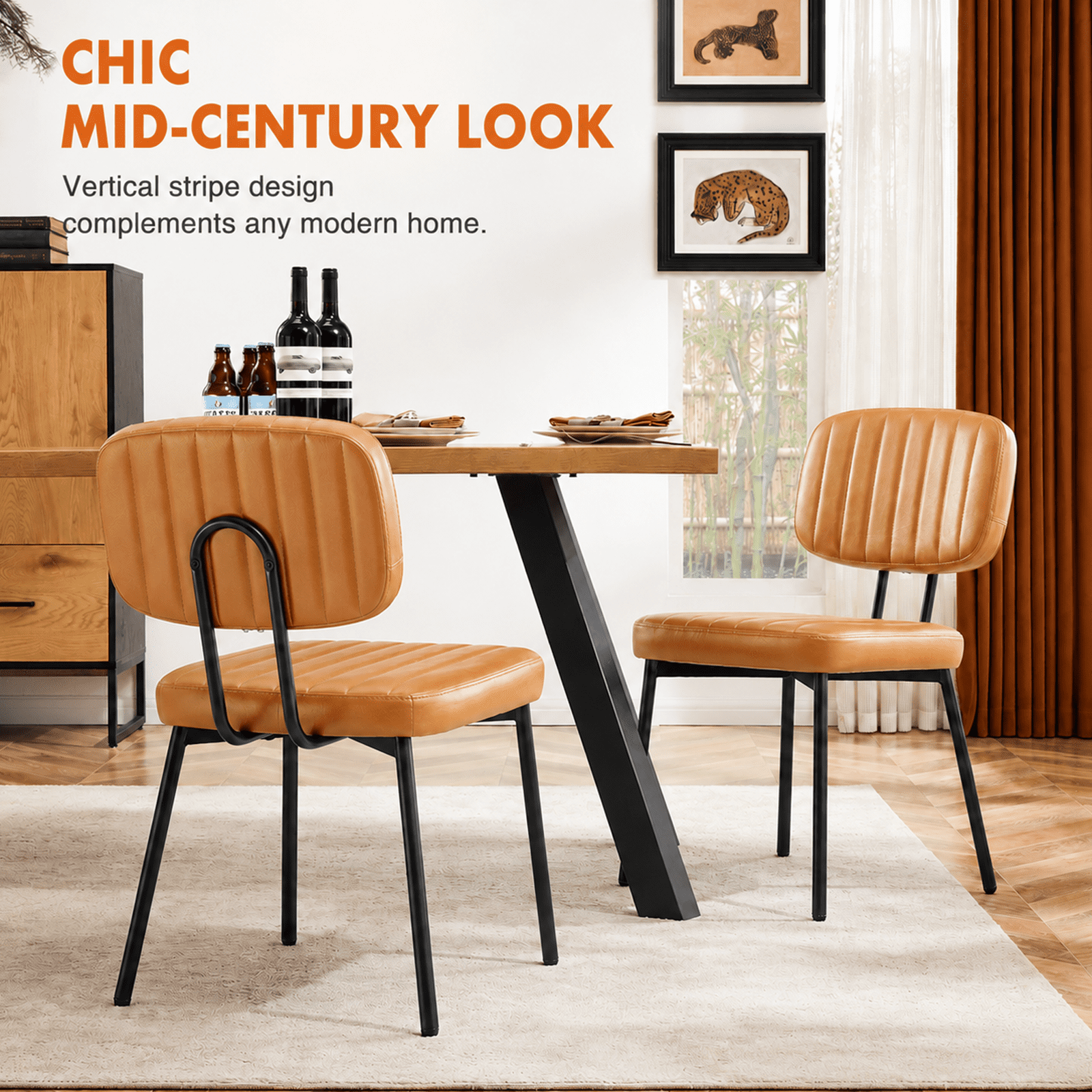 Alvantor Dining Chairs Set of 2, Mid-Century Modern Upholstered Kitchen Dining Room Accent Chairs with Faux Leather Cushion Seat for Kitchen Dining Room, Vertical Stripes