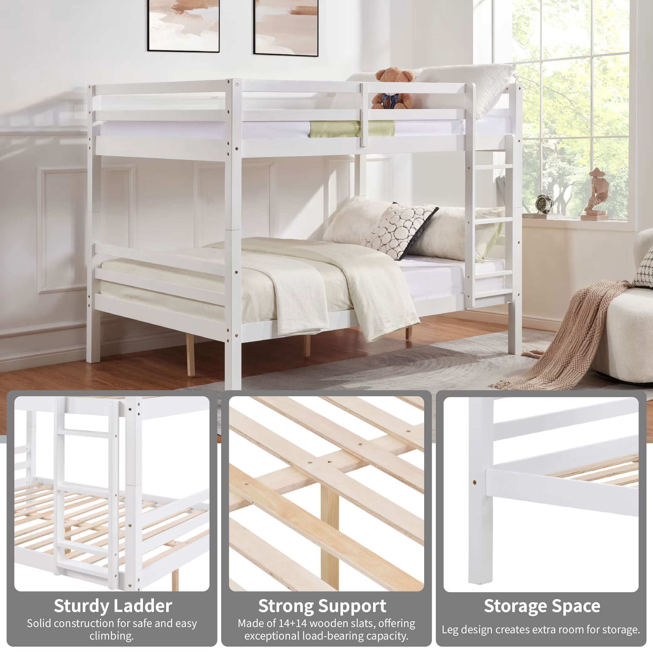 MAYEERTY Full over Full Bunk Bed with Thick Posts, Solid Wood Bed Frame with High Guardrail and Ladder, for Kids Teens Dorm Rooms, No Box Spring Needed