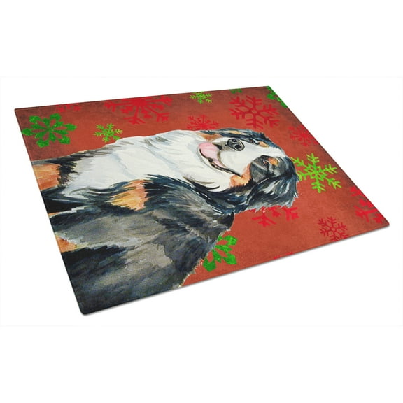 Bernese Mountain Dog Red Green Snowflakes Holiday Christmas Glass Cutting Board Large