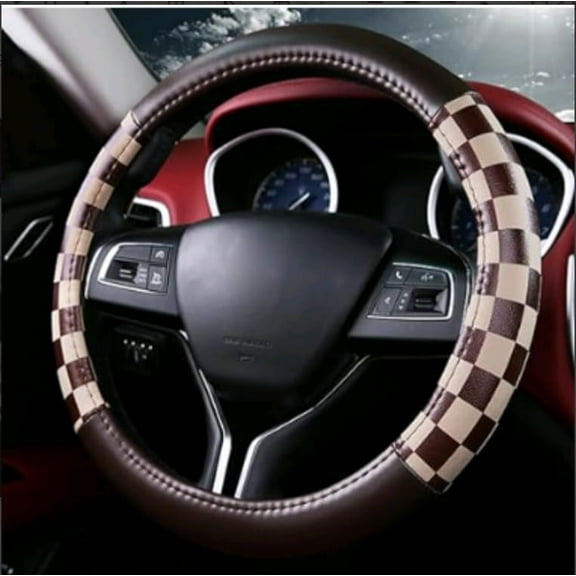 Universal 15 Inch 38 cm Microfiber Leather Car Steering Wheel Cover, Checker Flag Design, Non-Slip Durable Grip, Easy to Install Interior Accessory for Most Car