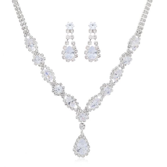 Yoyauz Bridal Jewelry Set Silver Crystal Wedding Necklace Earrings Bridal Drop Pendant Ladies & Bridesmaids Accessories (3 Pieces Set - 2 Earrings & 1 Necklace)