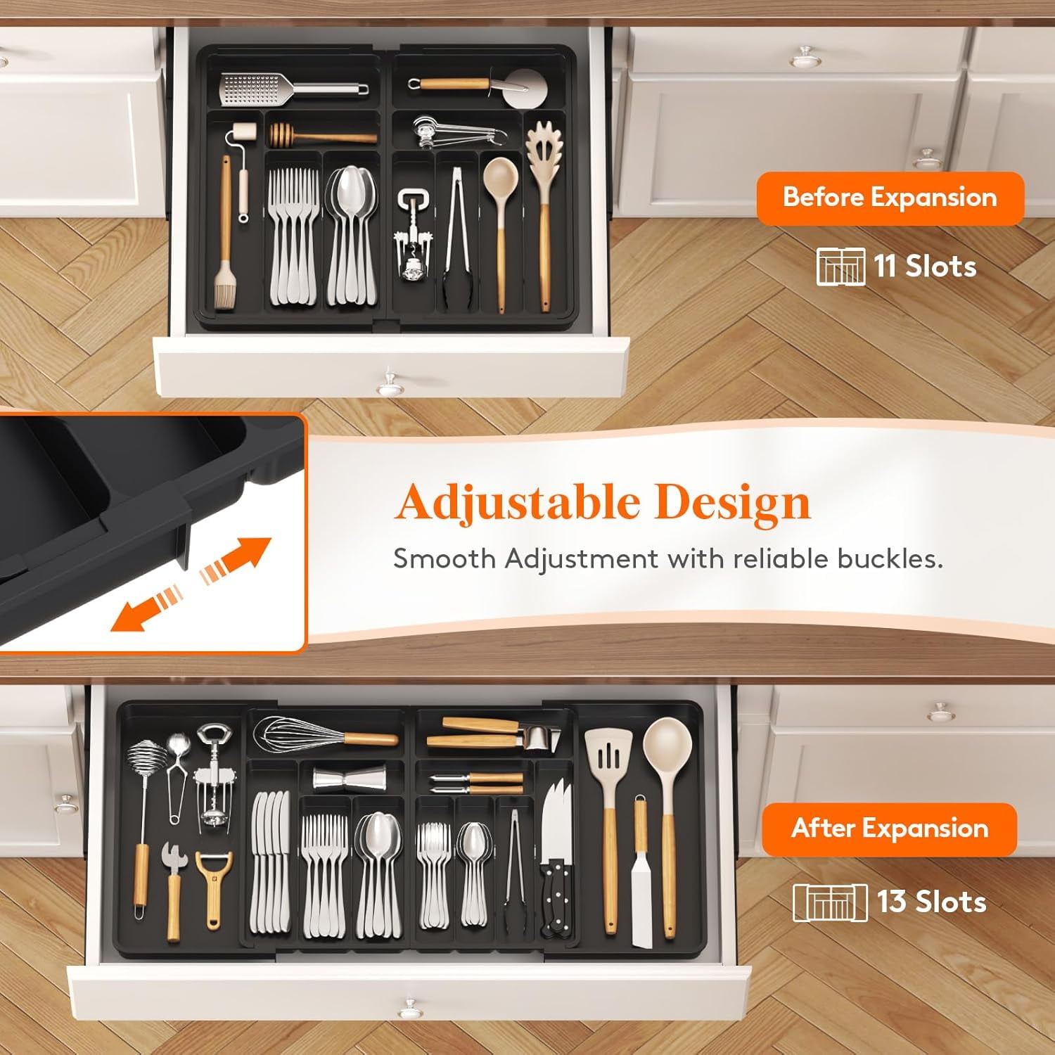 Silverware Drawer Organizer, Expandable BPA Free Plastic Utensil Tray for Kitchen, Adjustable Flatware Cutlery Holder for Spoons Forks Knives, 21.3- 36 x 16.9", Black